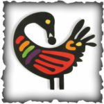 Sankofa bird is black with red feathers. Its head is pointing backward and it has a seed in its mouth.